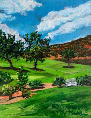 acrylic painting Raney Rogers Old Barn Winery Bridge bucolic